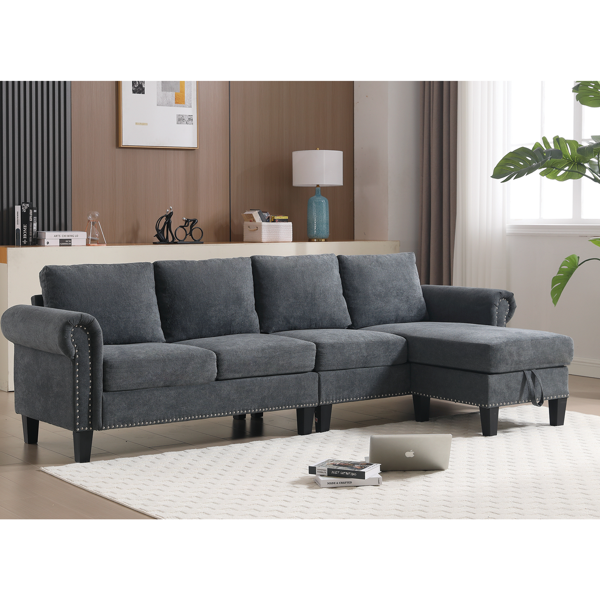 Convertible Sectional Sofa with Storage,L-shaped sofa Modern Linen Fabric Sectional Couches for Living Room,Gray - Korvel
