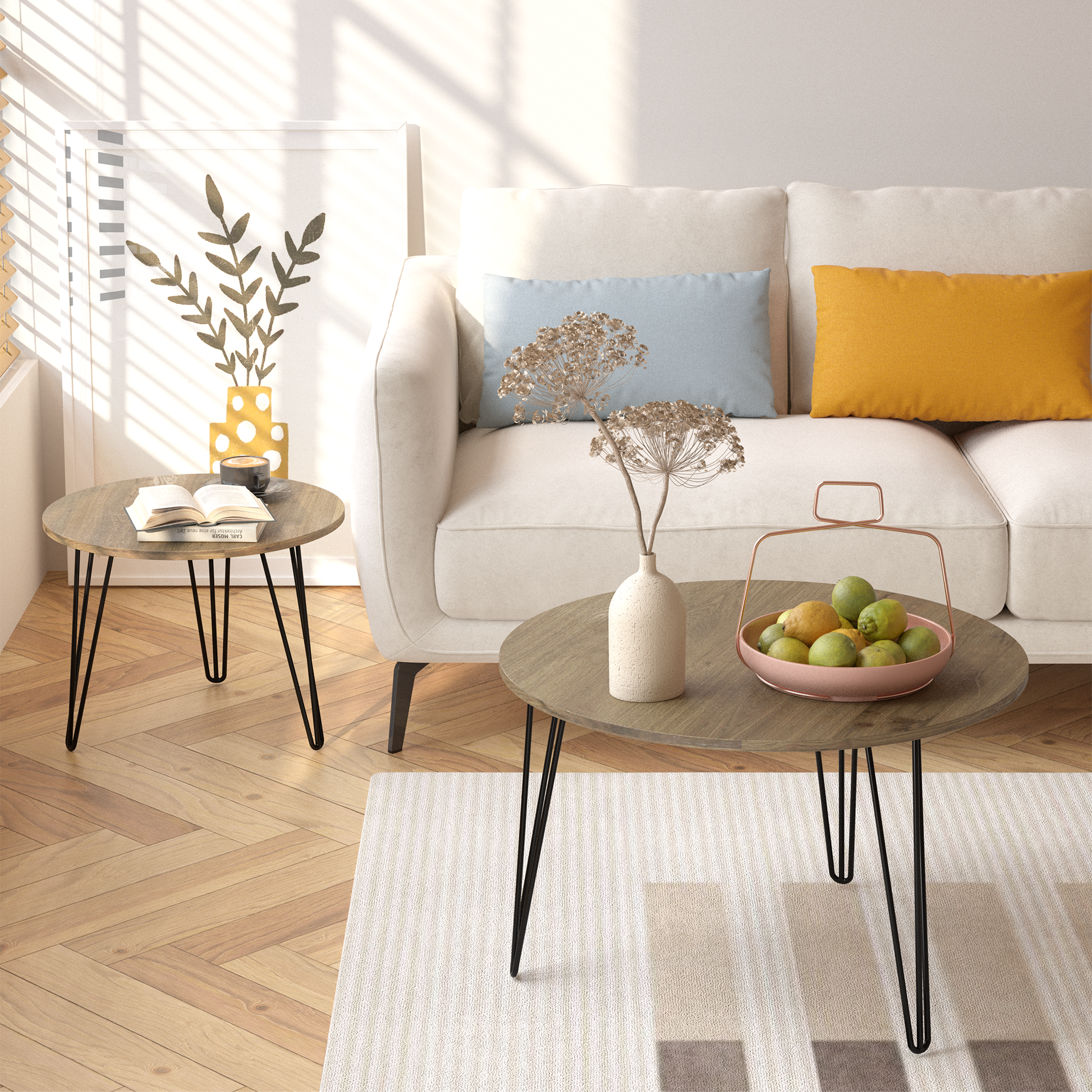 27.56'' Round Nesting Coffee Table Set of 2, Circular Nesting End Table Set  Sturdy Metal Base for Living Room, bedroom, Brown - Korvel