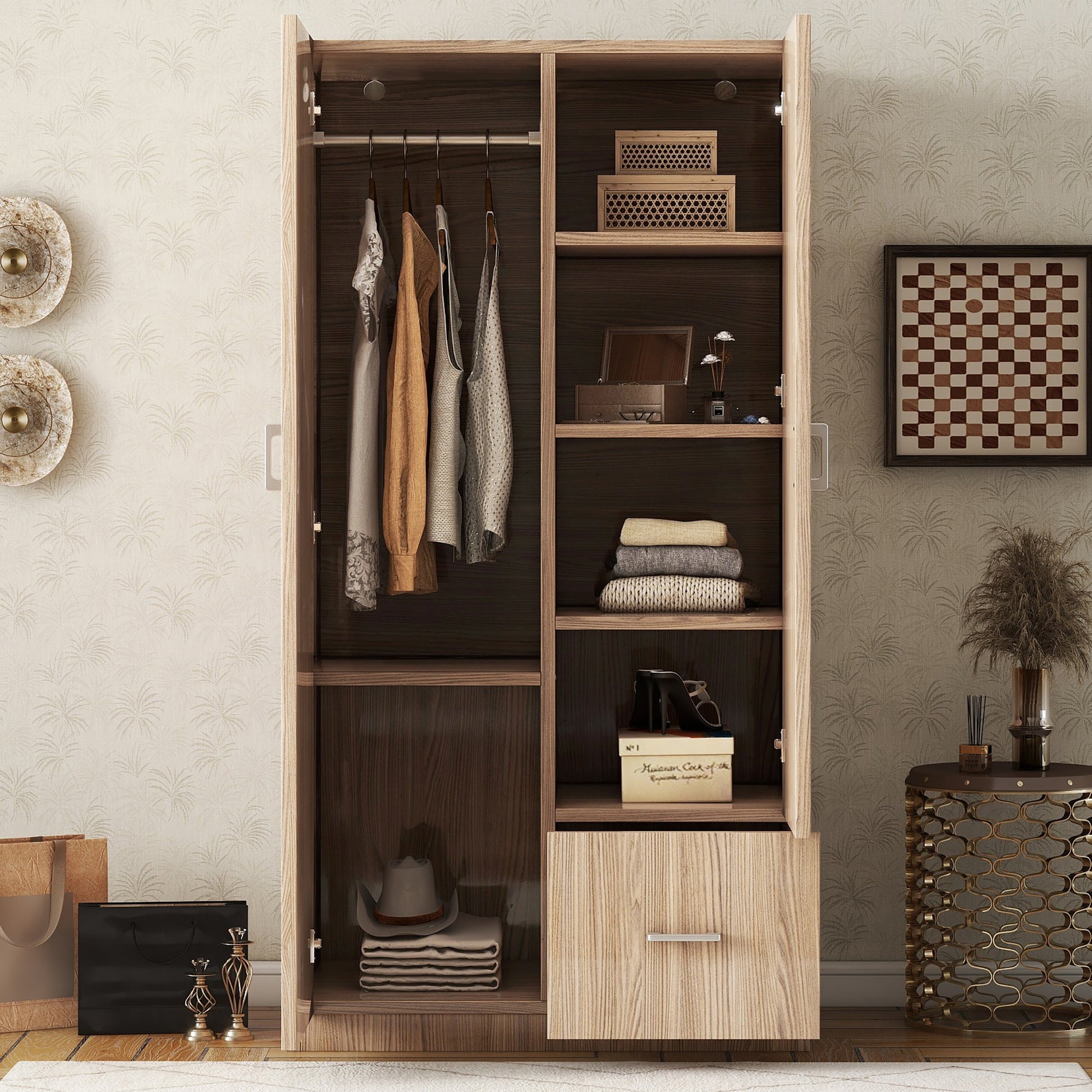 Wooden Wardrobe with Double Doors, Armoire with Hanging Rod, 5 Fixed Shelves, One Storage Drawer,Natural - Korvel