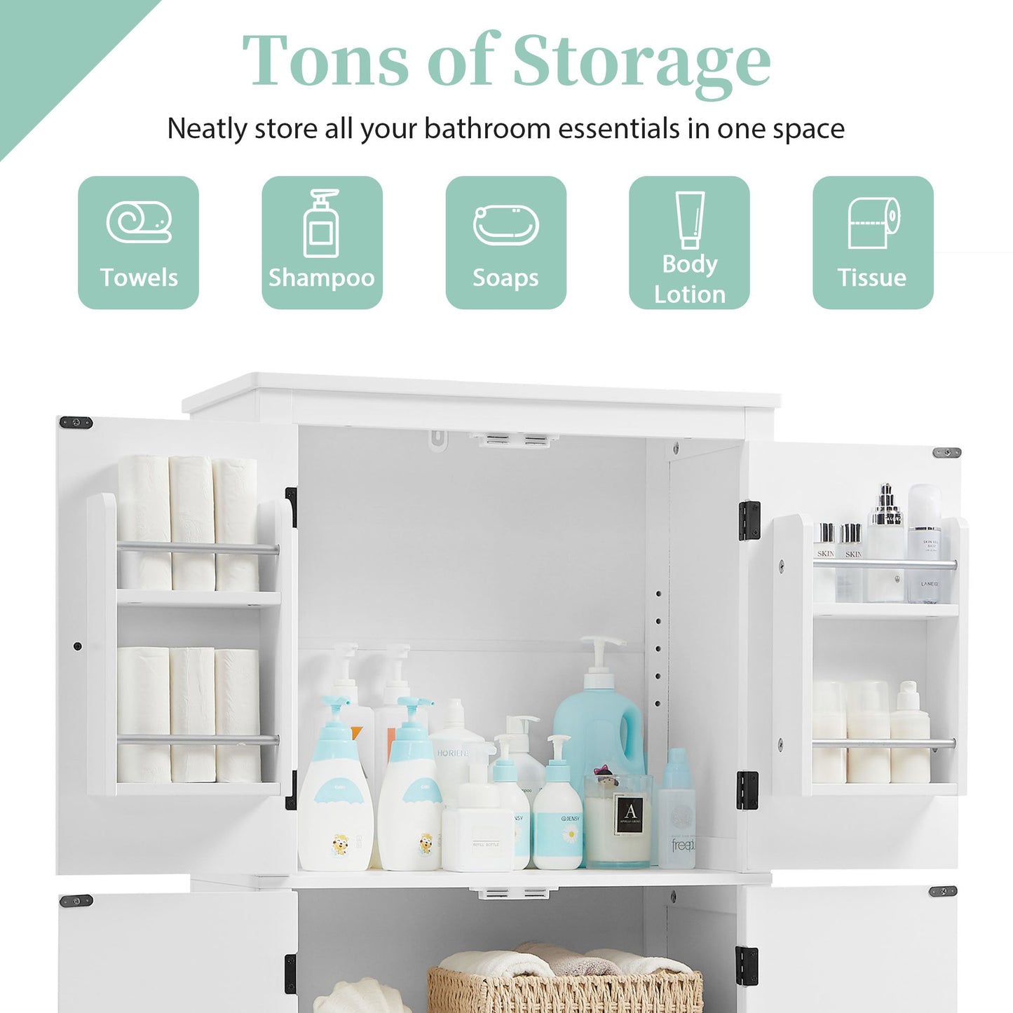 Bathroom floor storage cabinet, bathroom storage unit, 4-door independent cabinet, adjustable shelf, adaptive shelf, white - Korvel