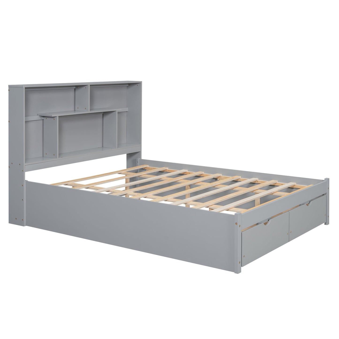 Elegant Queen Size Platform Bed with Storage Headboard, Gray