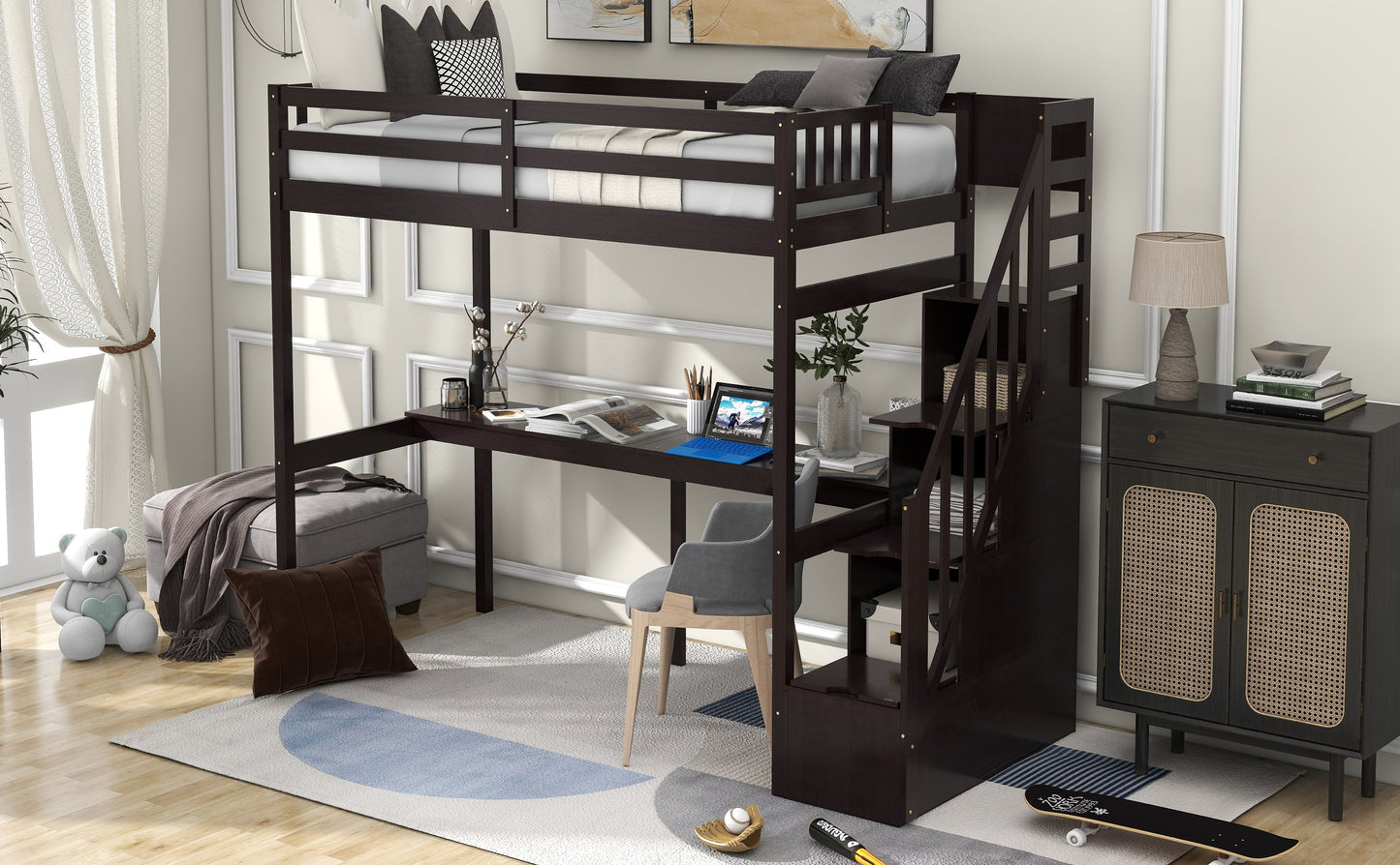 Twin Size Loft Bed with Storage Staircase and Built-in Desk - Espresso