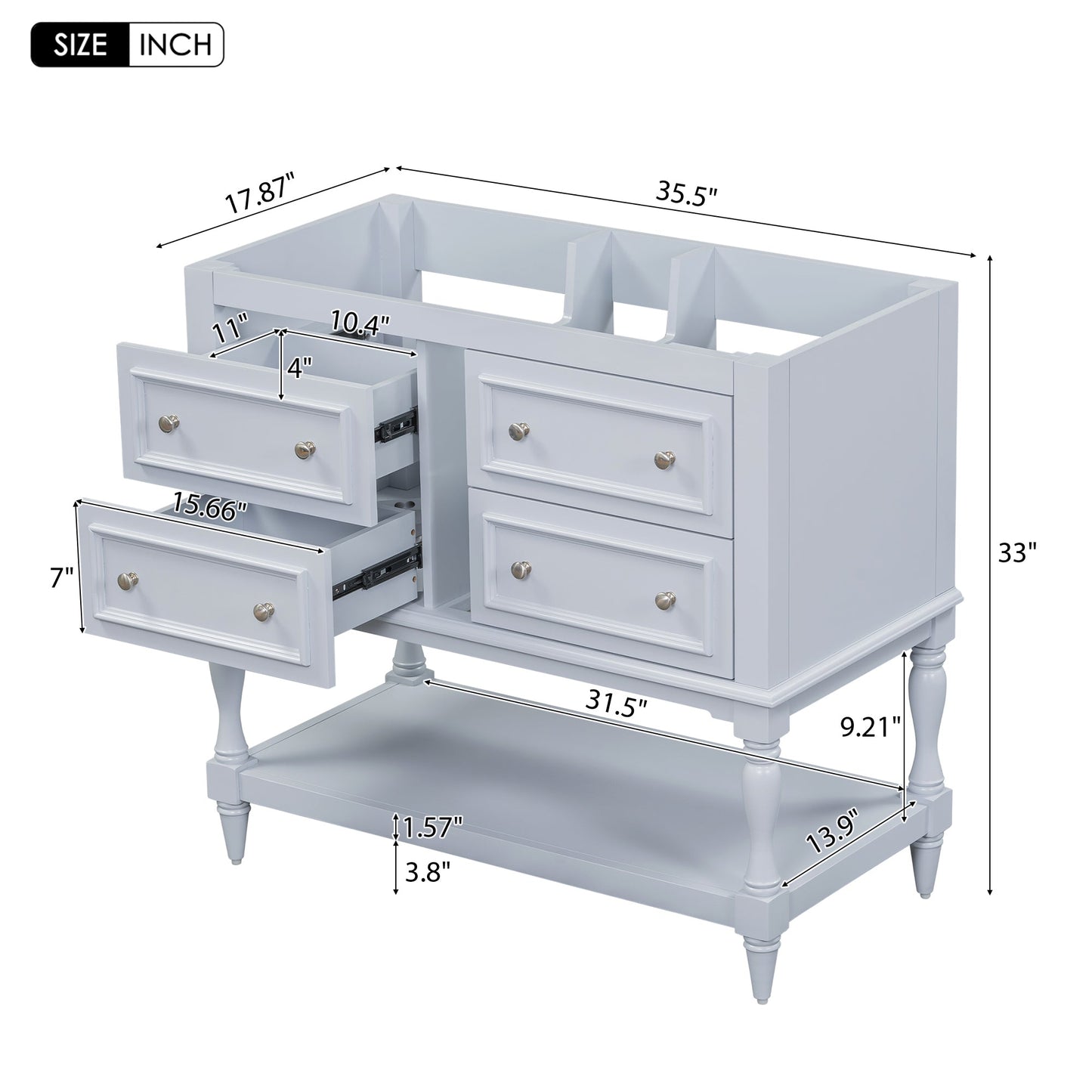 Meuble de salle de bain bleu de 36" avec 4 tiroirs