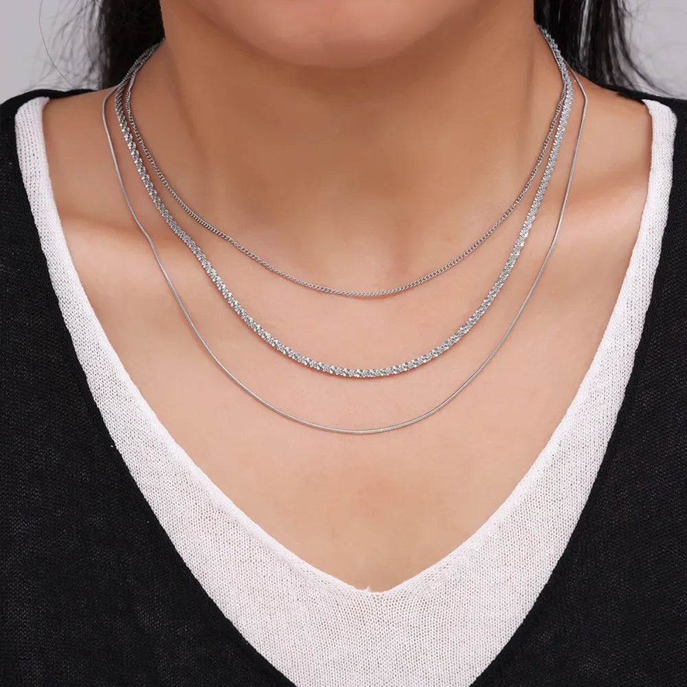 Fashionable Cuban titanium steel necklace hip-hop style multi-layer layered women's collarbone chain - Korvel