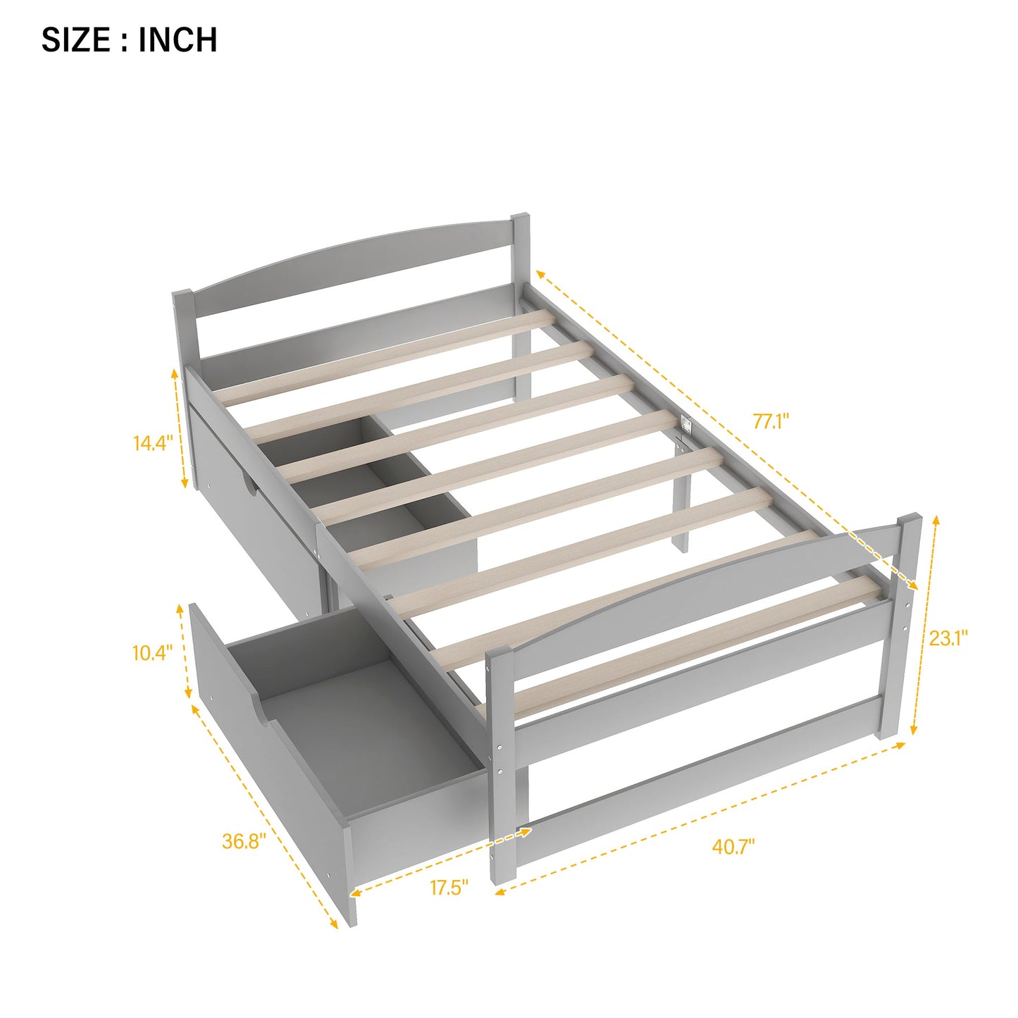 Twin size platform bed, with two drawers, gray - Korvel