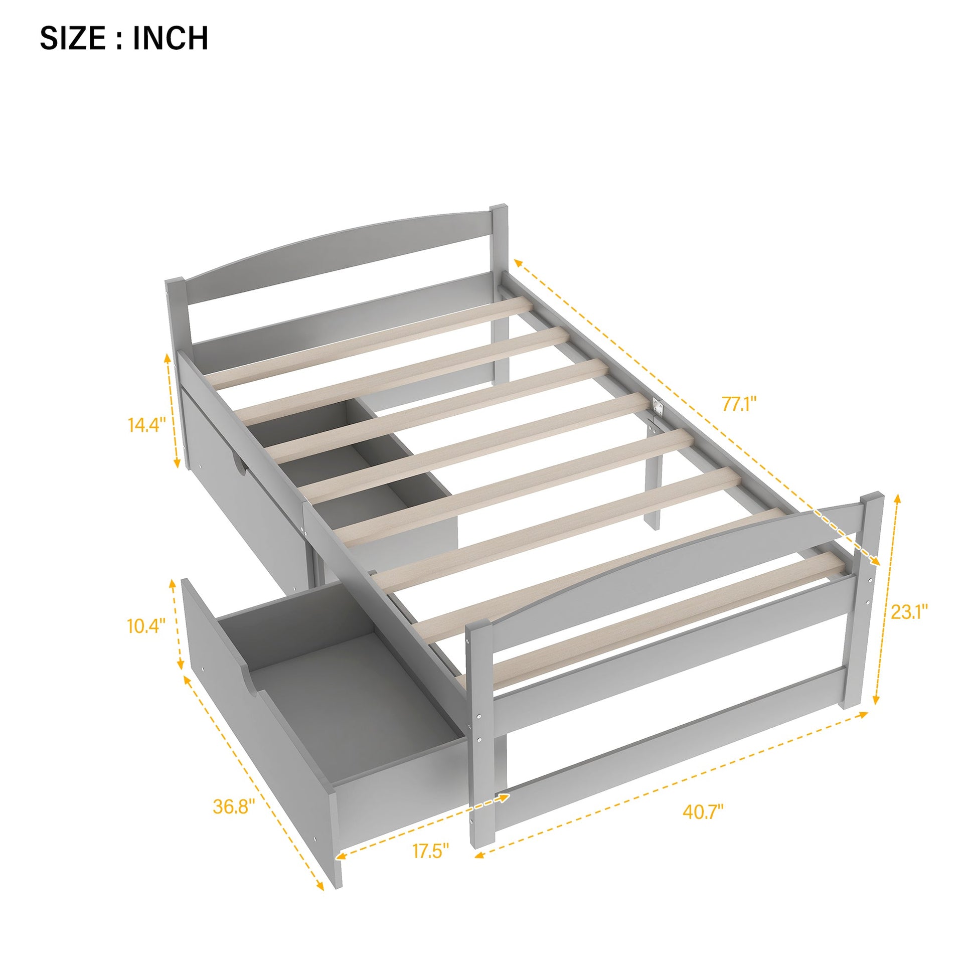 Twin size platform bed, with two drawers, gray - Korvel