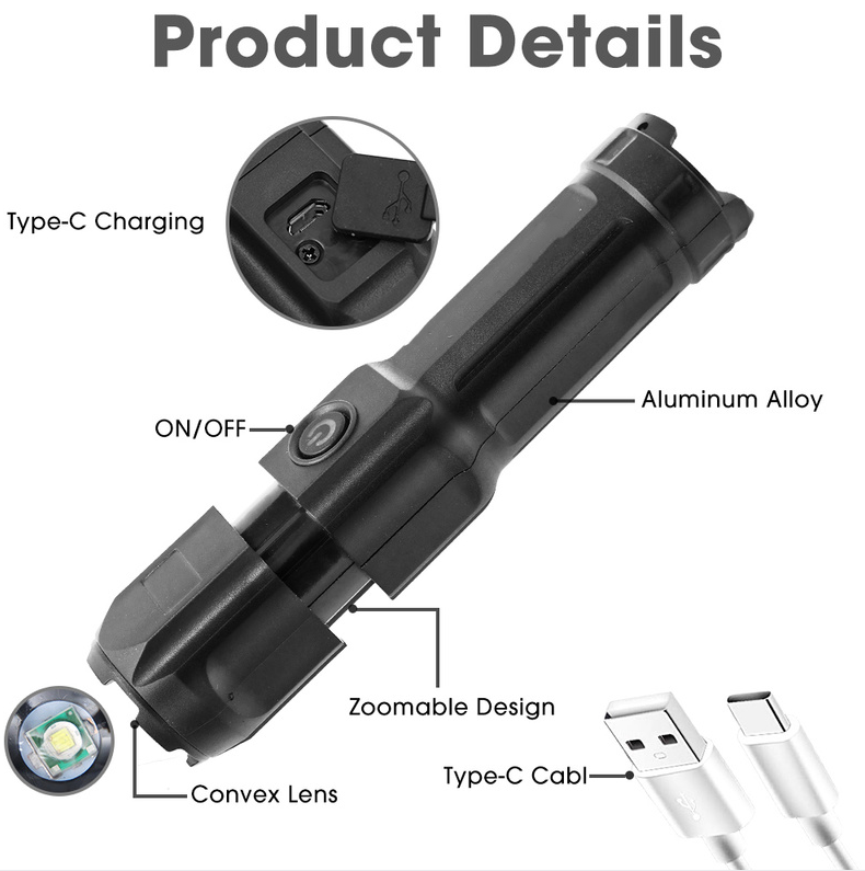 New Telescopic Zoom Glare Flashlight USB Charging Compact Portable Spotlight Long-Range Floodlight Outdoor Lighting - Korvel