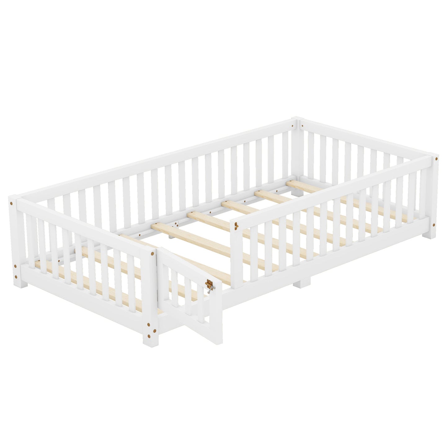 Twin Size Bed Floor Bed with Safety Guardrails and Door for Kids, White - Korvel