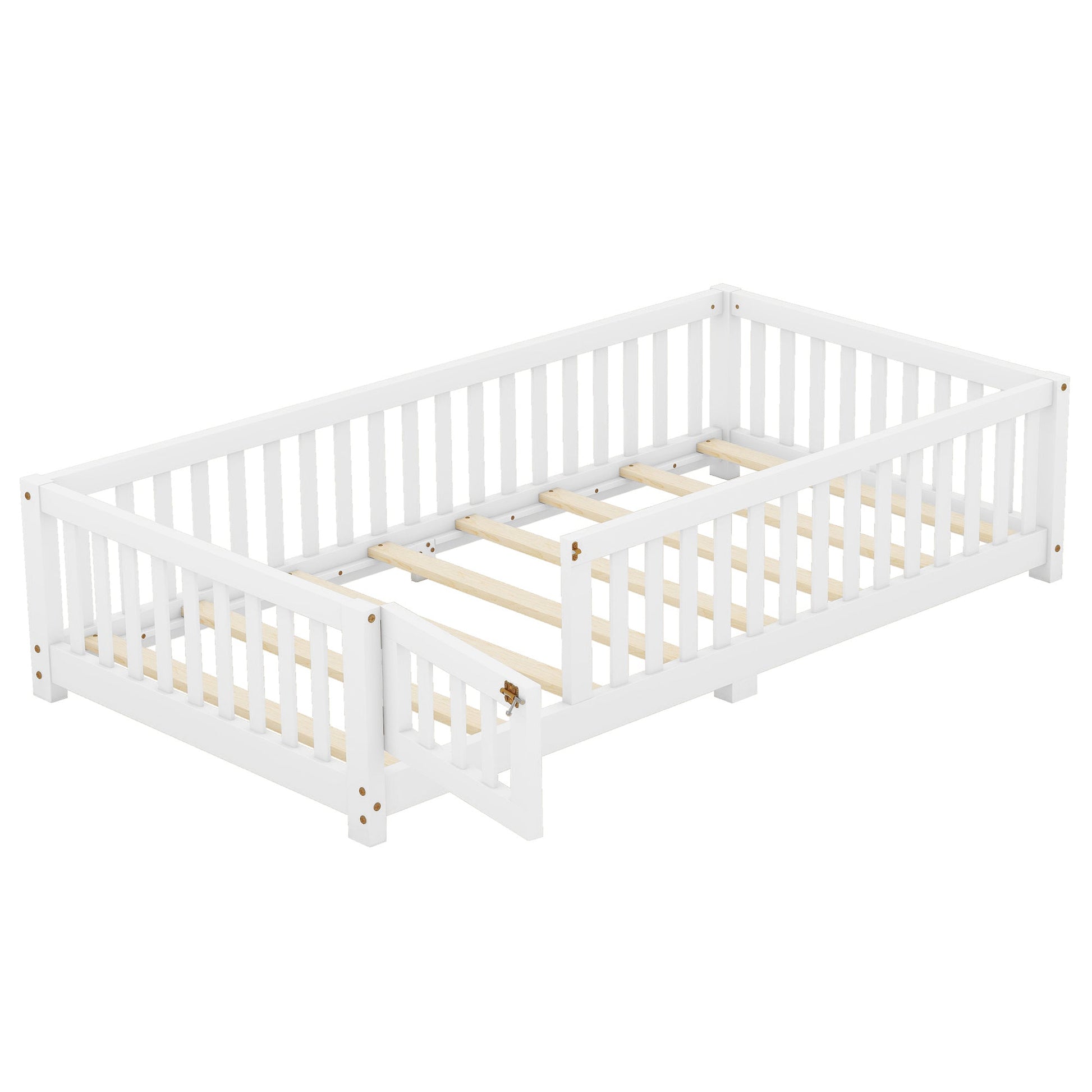 Twin Size Bed Floor Bed with Safety Guardrails and Door for Kids, White - Korvel