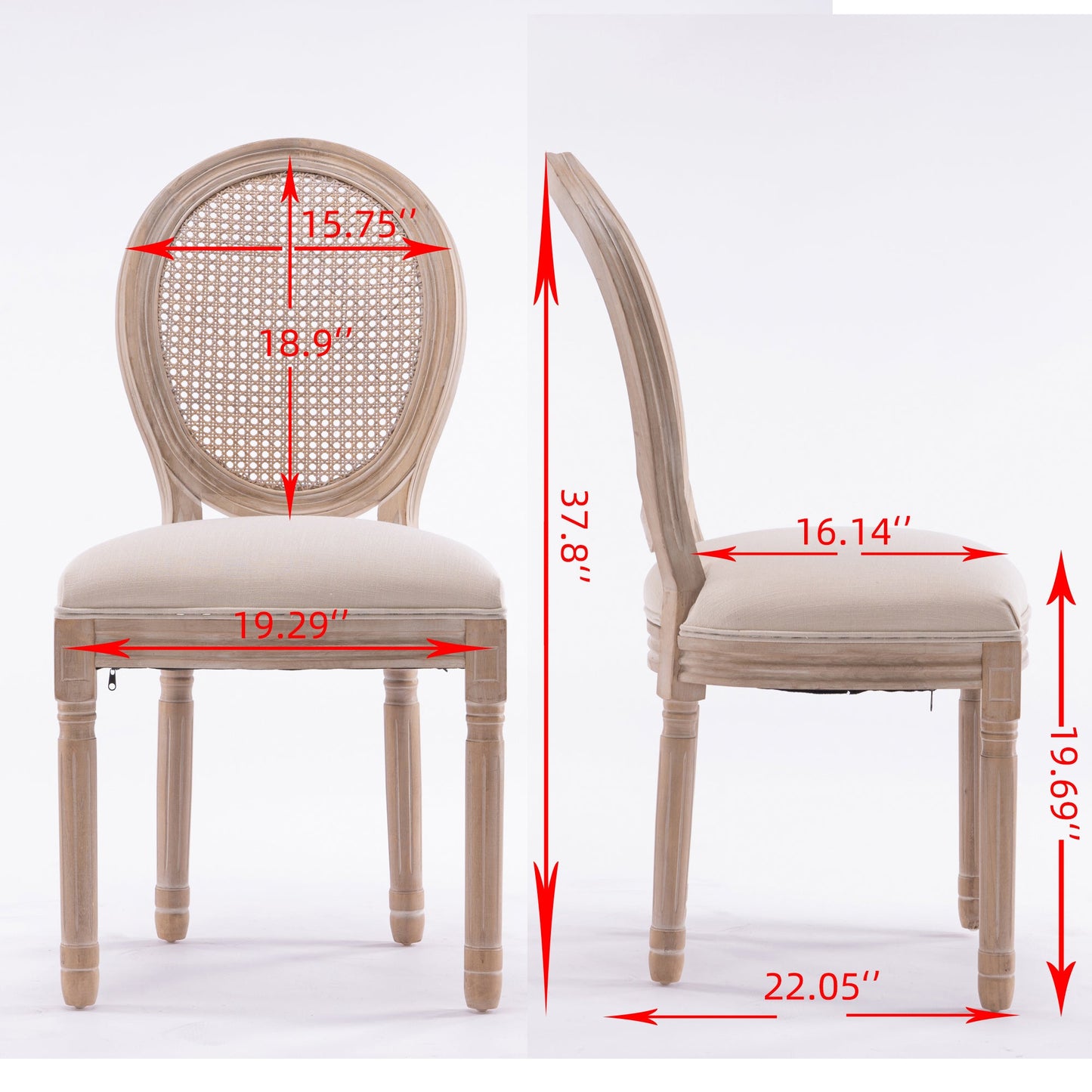 French Style Solid Wood Frame Antique Painting Linen Fabric Rattan Back Dining Chair Set of 2 Cream - Korvel