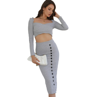 Chic Knitted Dress Set - Long Sleeve Top & Bodycon Skirt