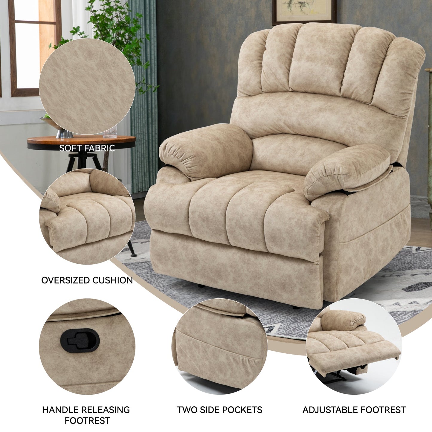 Large Manual Recliner Chair in Beige Fabric