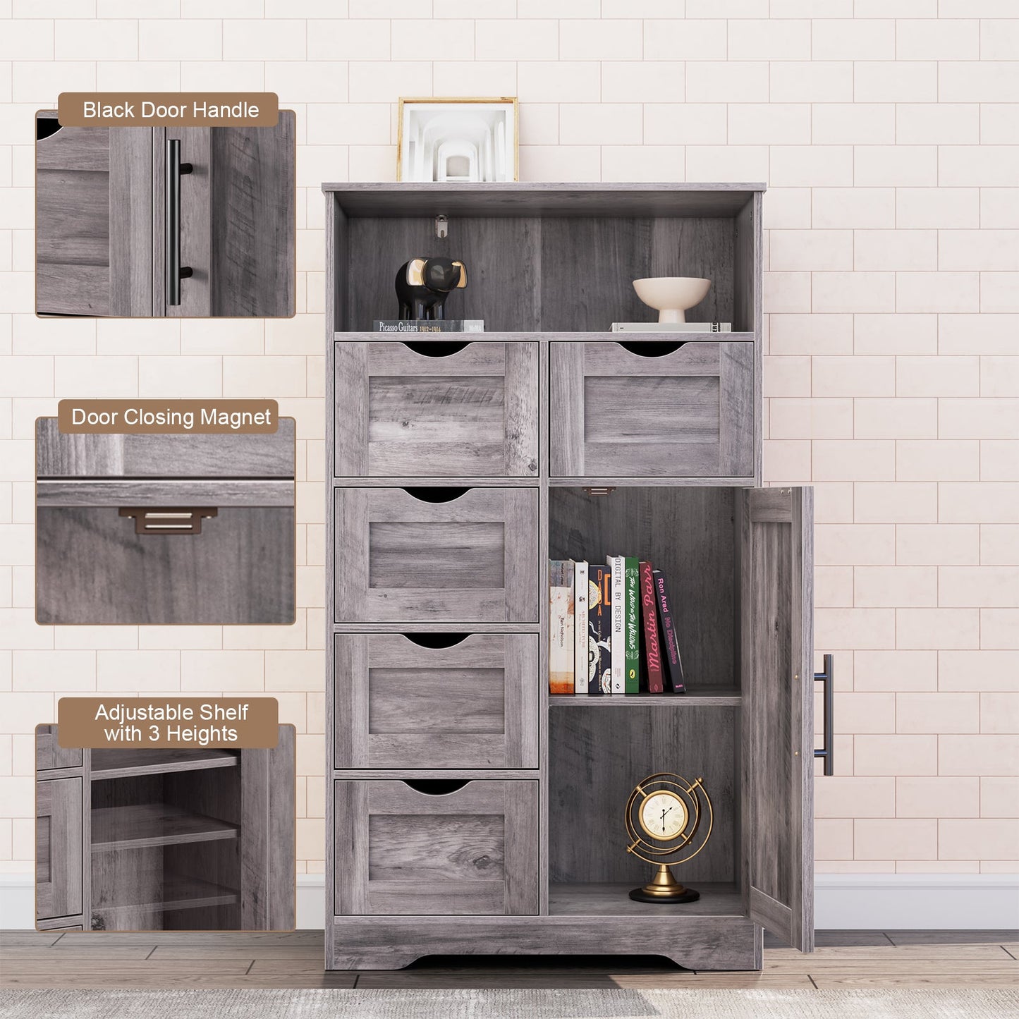 5 Drawers Storage Cabinet with Adjustable Shelves, Bathroom Cabinet with Doors, Floor Cabinet for Living Room Grey - Korvel