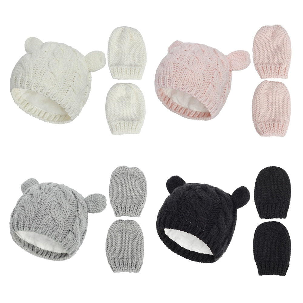 New Baby Kids Girls Boys Winter Warm Knit Hat Ear Solid Warm Cute Glove 2pcs Lovely Beanie Cap 0-18M - Korvel