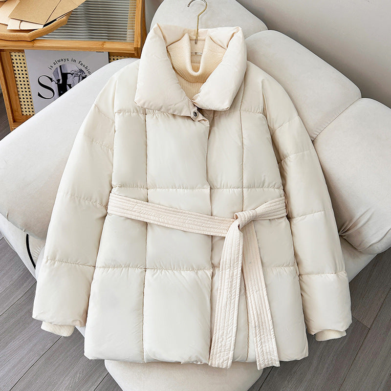 Winter Plaid Lapel Coat with Lace-up Design