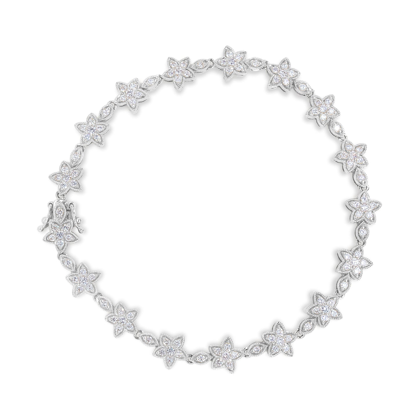 14K White Gold Diamond Flower Blossom Link Bracelet - Size 7"