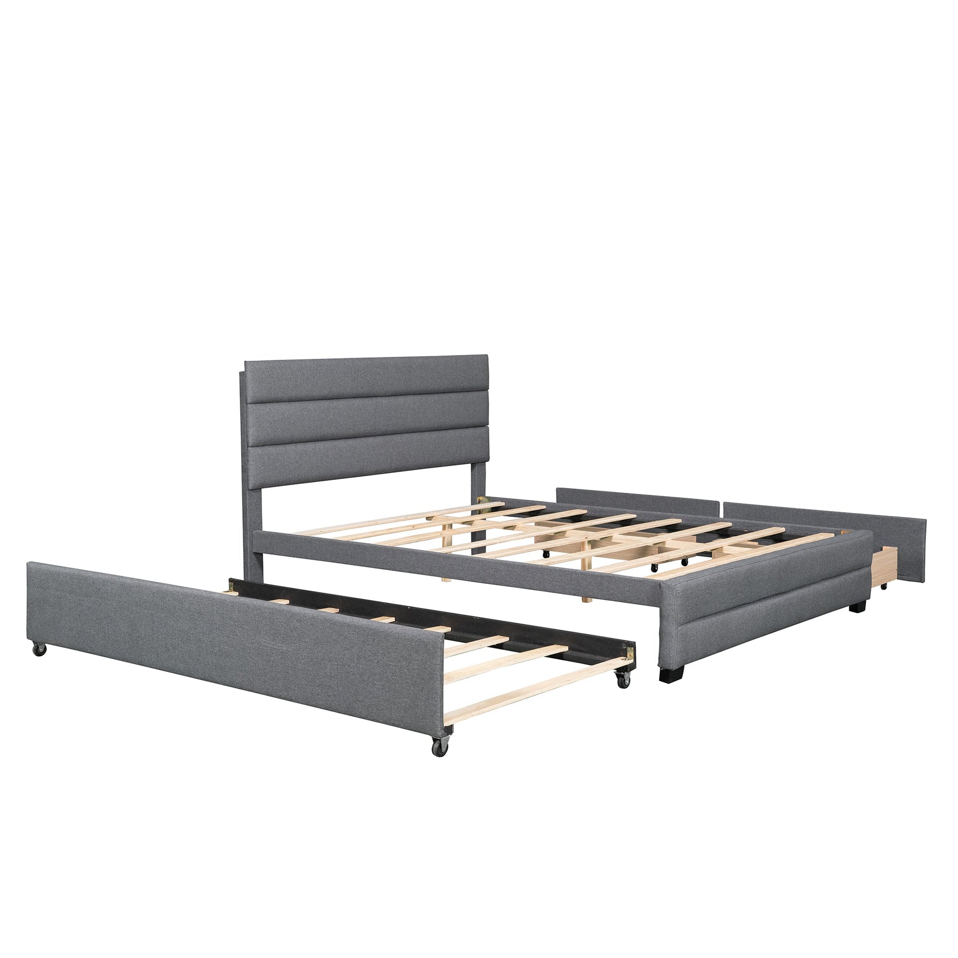 Queen Upholstered Platform Bed with Twin Size Trundle and Two Drawers Grey - Korvel