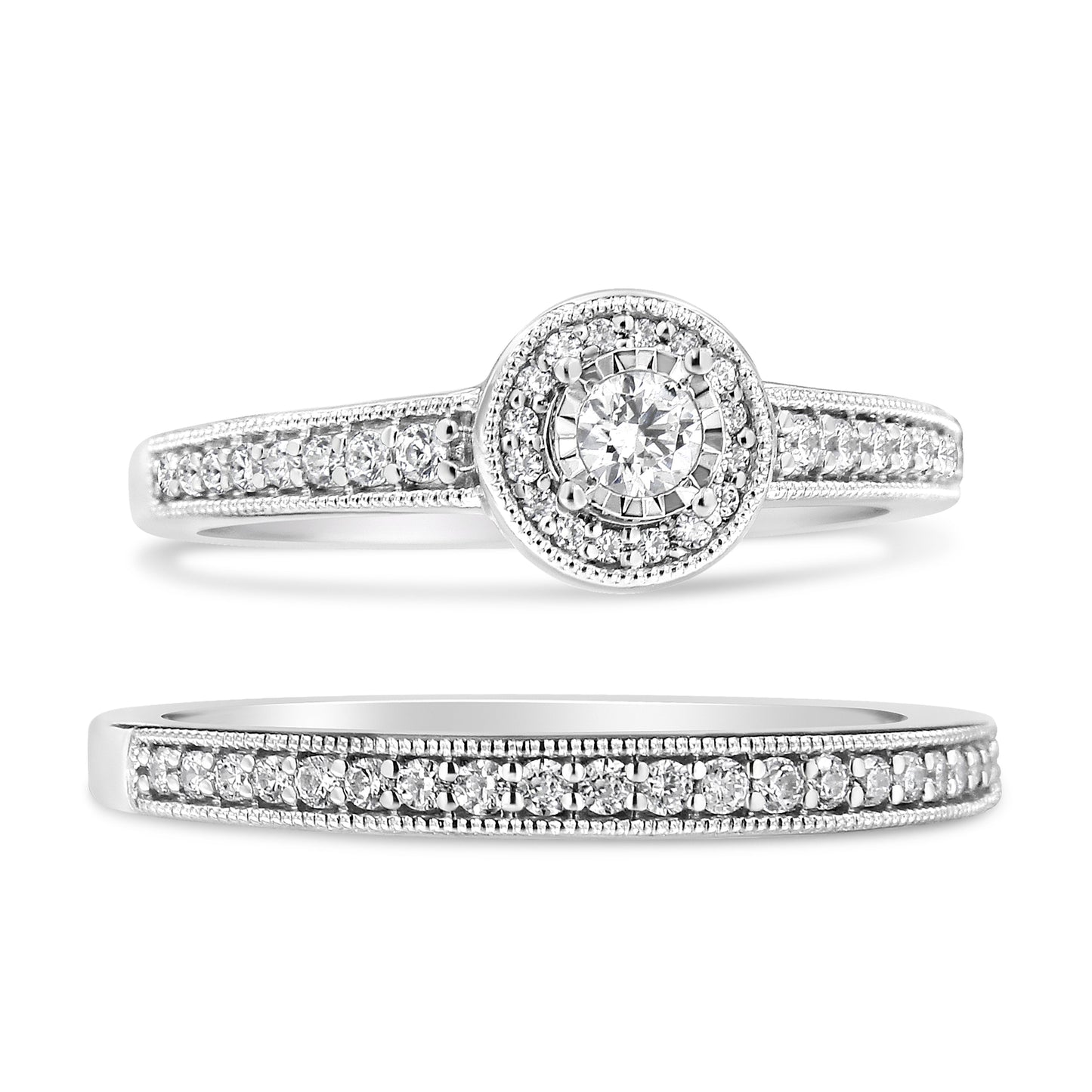 Anillo de Compromiso con Halo de Diamantes de Plata Esterlina .925 1/2 Ctw Conjunto Nupcial