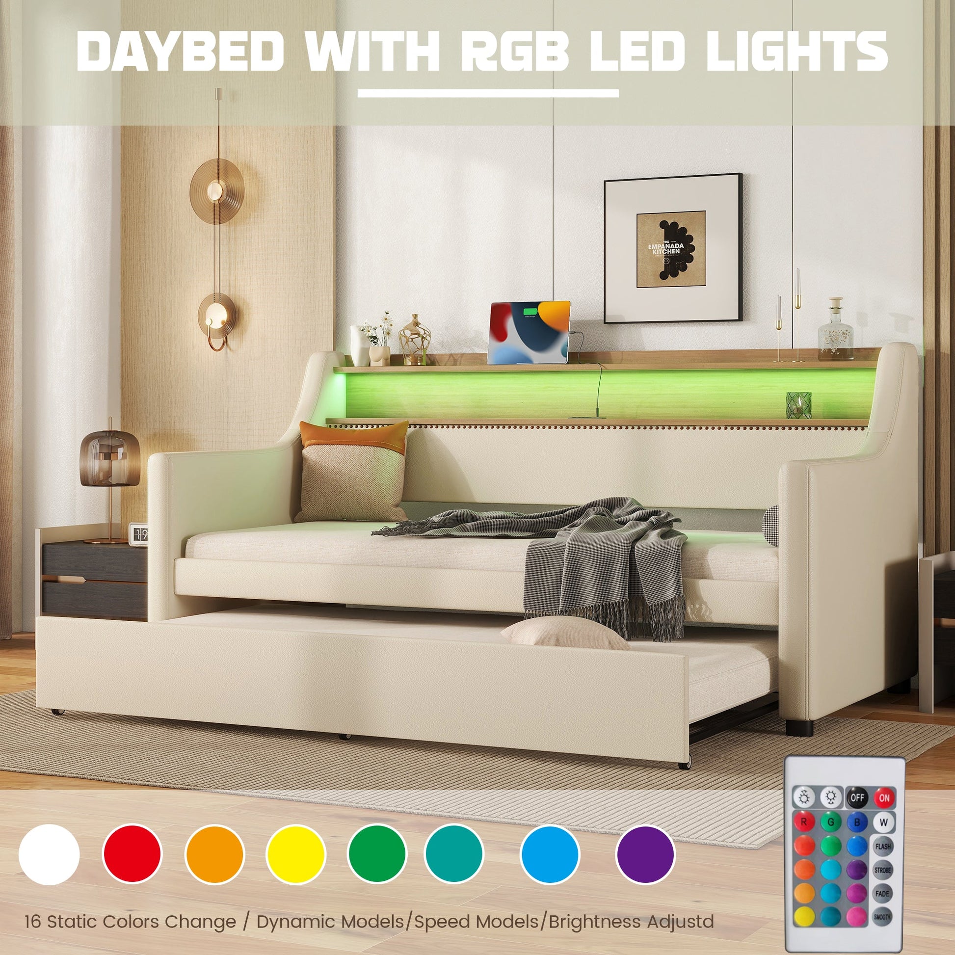 Twin Size Daybed with Trundle, Upholstered Daybed with Charging Station and LED Lights, Beige - Korvel