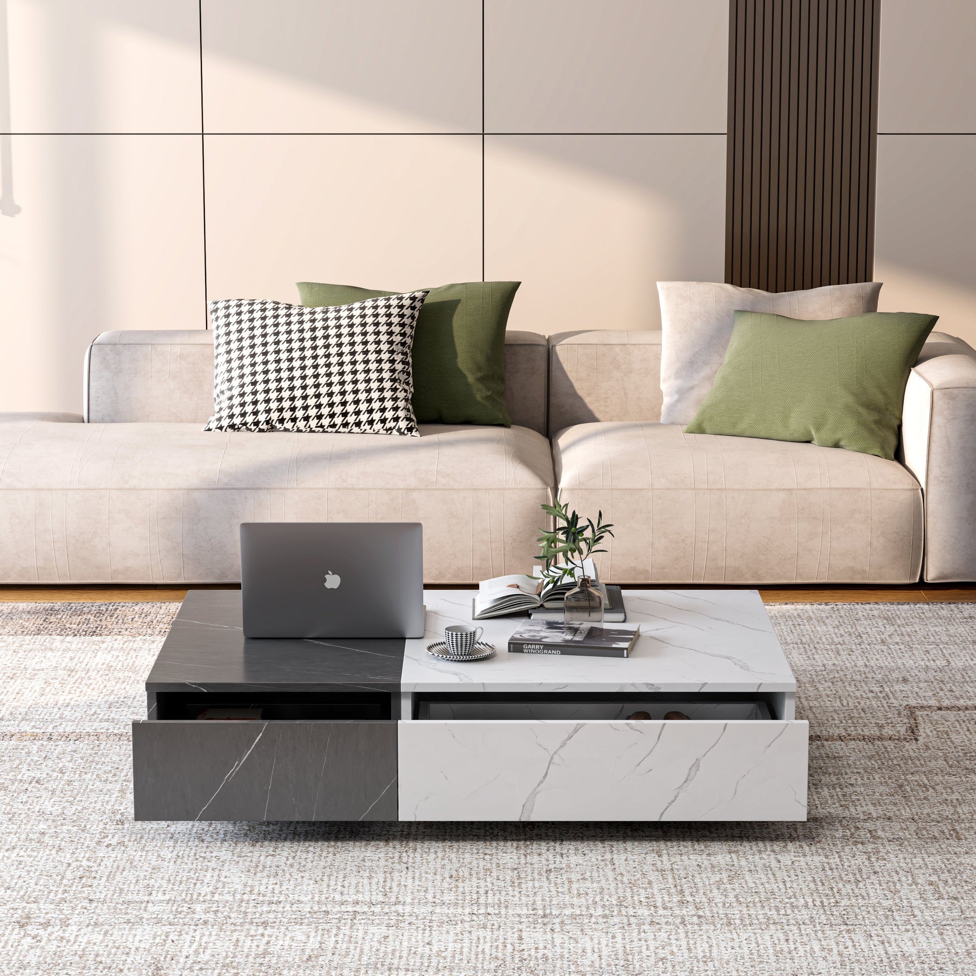 Modern style black and white coffee table with two storage spaces - Korvel