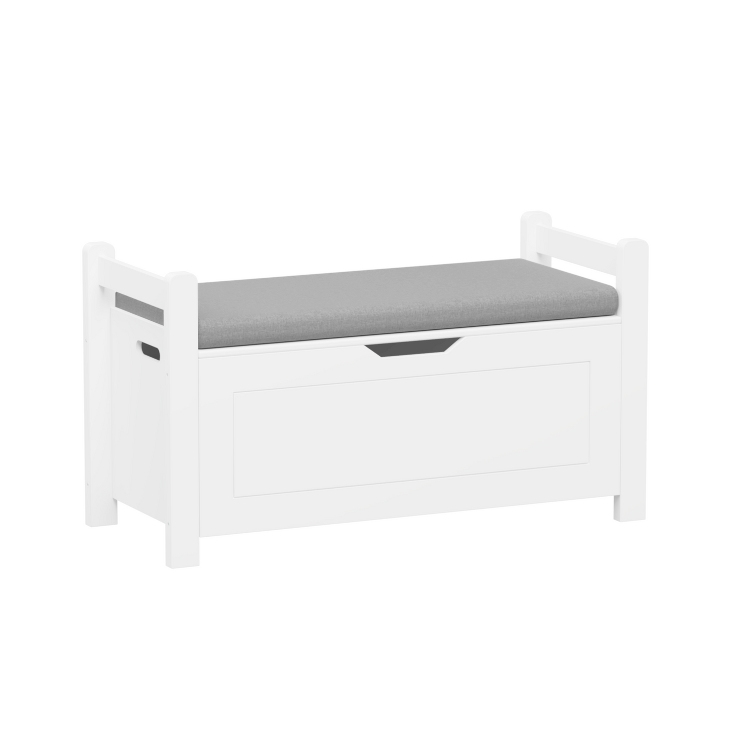 A white rubber wood children's toy box with soft cushioned seats, stools, flip covers, and safety hinges for toy storage - Korvel