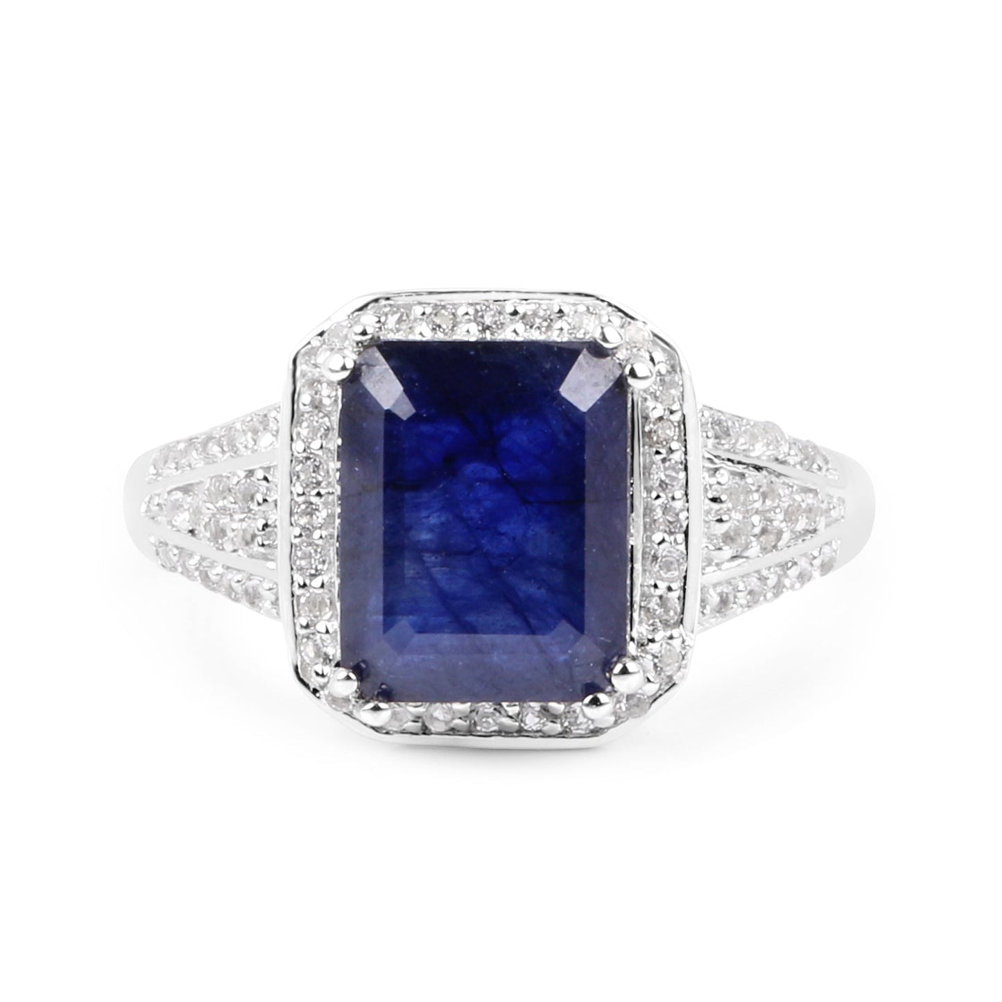 4.80 Carat Glass Filled Sapphire & White Topaz Sterling Silver Ring