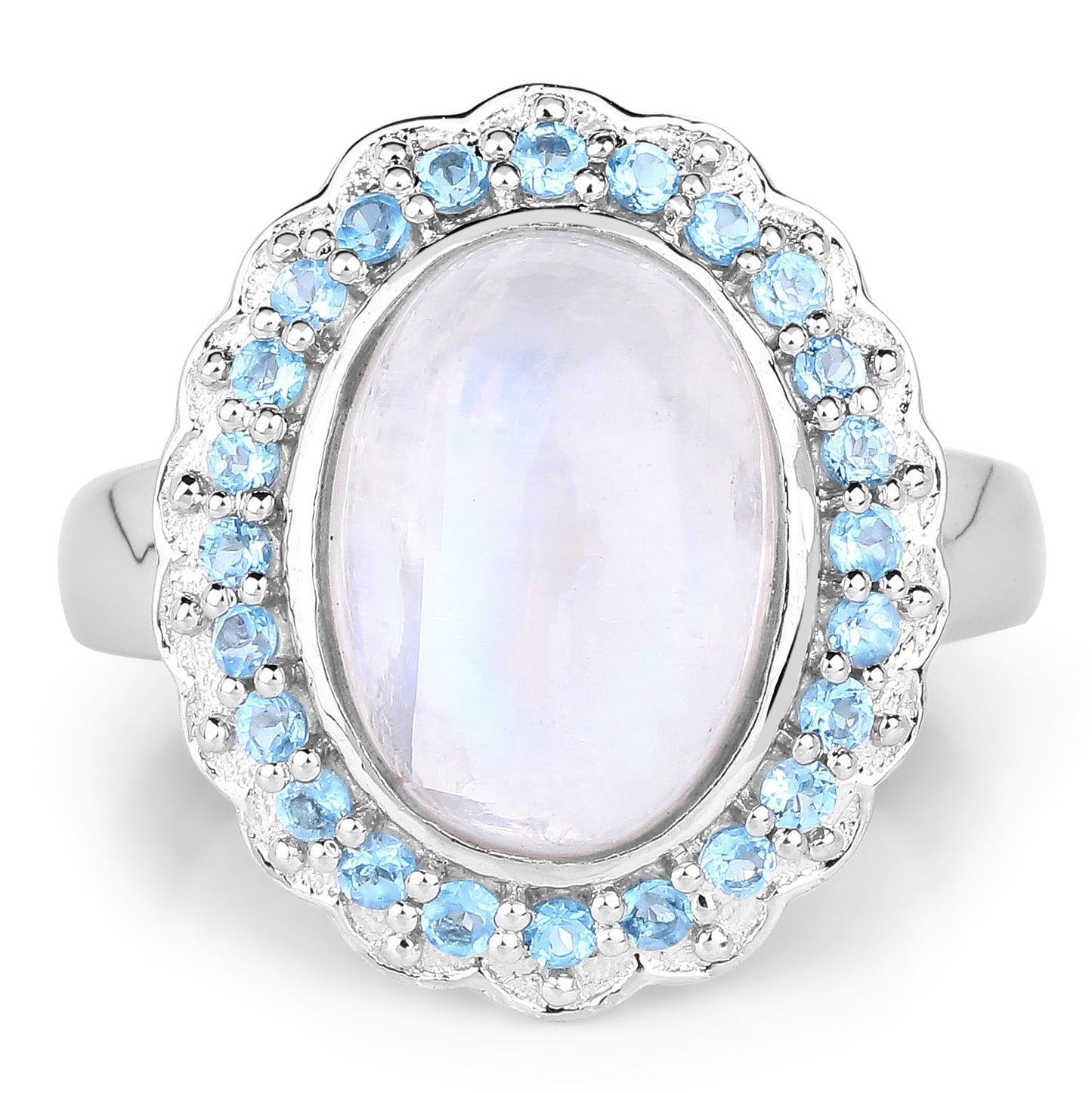 7.21 Carat Genuine White Rainbow Moonstone & Swiss Blue Topaz Ring