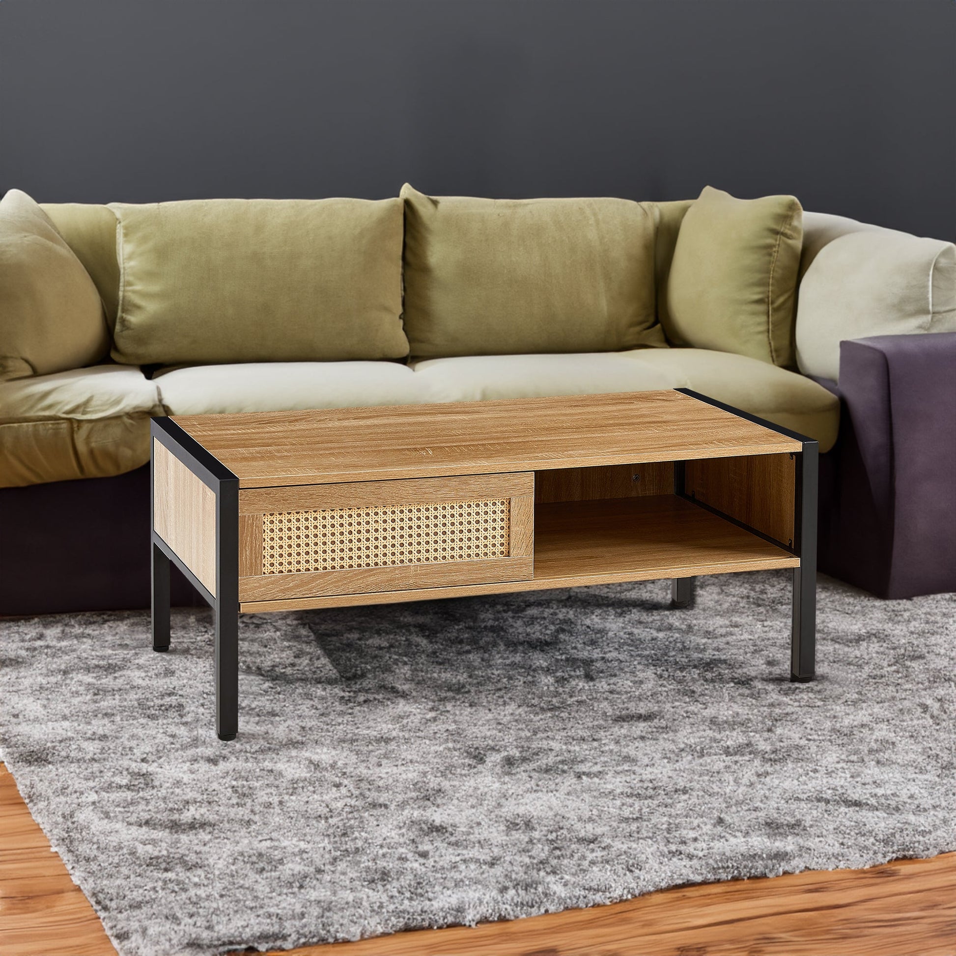 40.16" Rattan Coffee table, sliding door for storage, metal legs, Modern table for living room , natural - Korvel