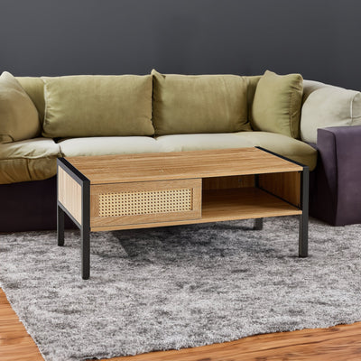 40.16" Rattan Coffee table, sliding door for storage, metal legs, Modern table for living room , natural - Korvel