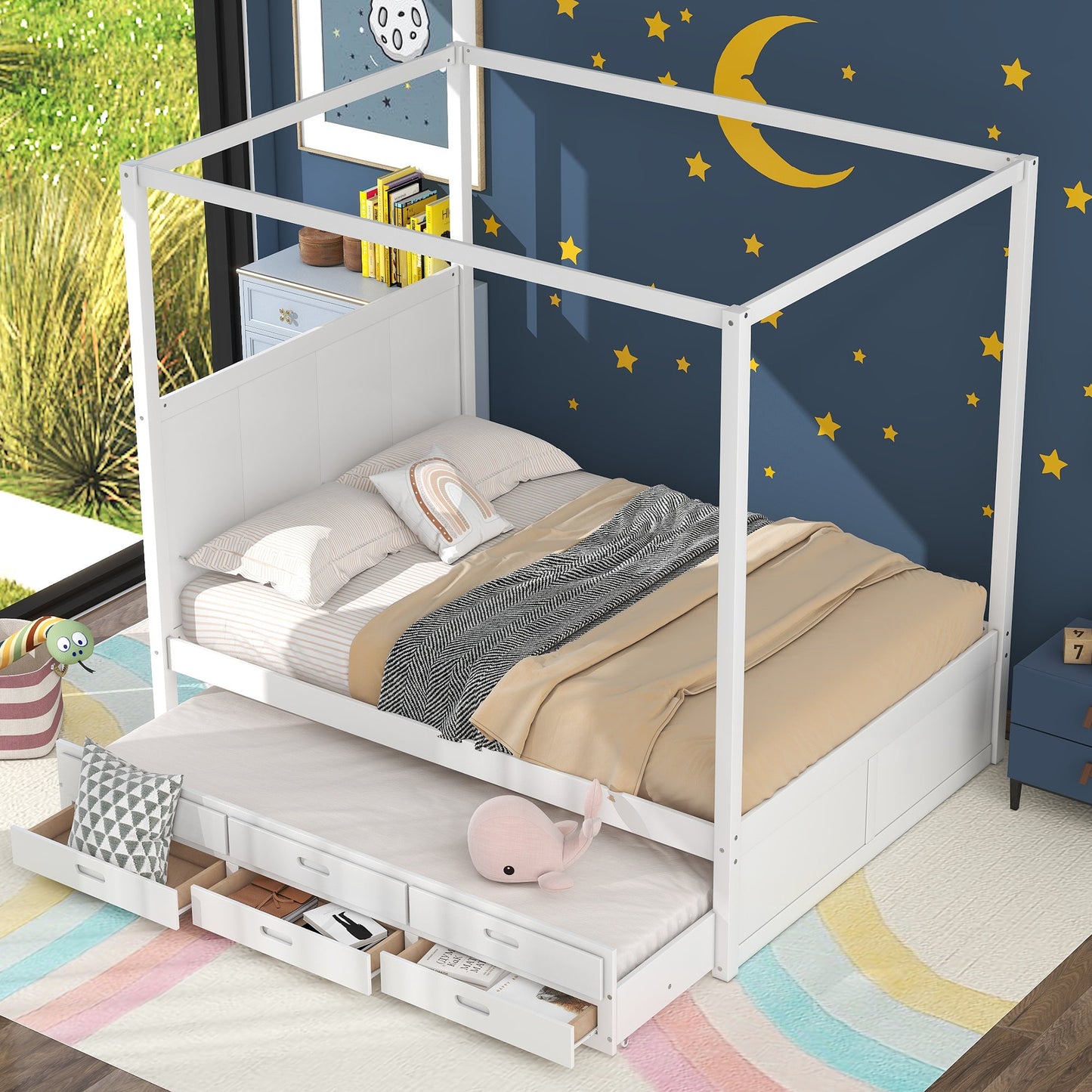 Elegant Queen Size Canopy Platform Bed with Trundle & Storage