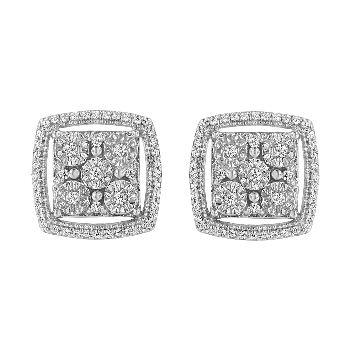 Boucles d'oreilles en argent sterling .925 avec diamants ronds et double halo