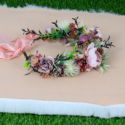 Vintage flower wreath autumn pine cone handmade simulation flower bridal hair accessory Hanfu headwear female - Korvel