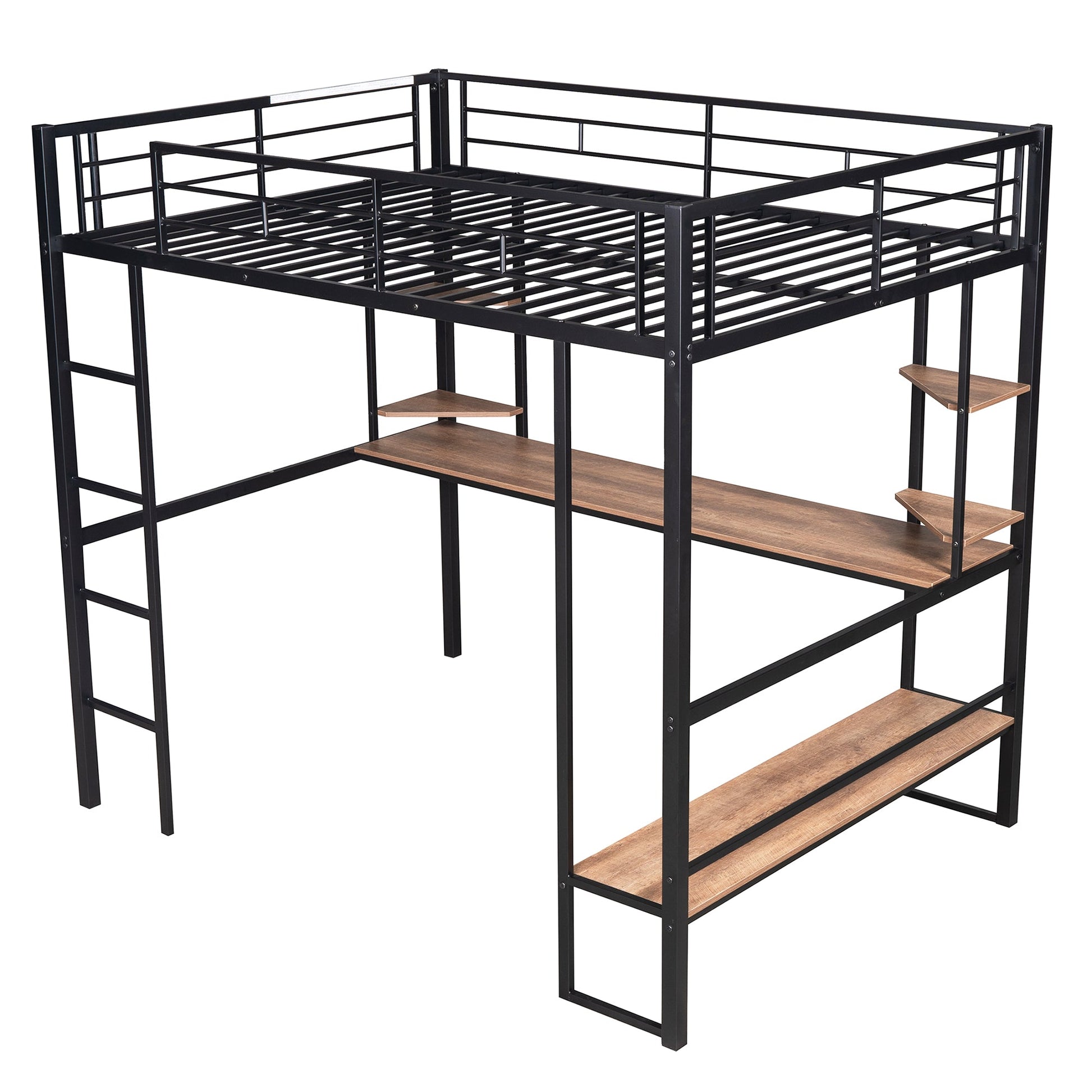 Full Size Loft Metal&MDF Bed with Long Desk and Shelves Black - Korvel