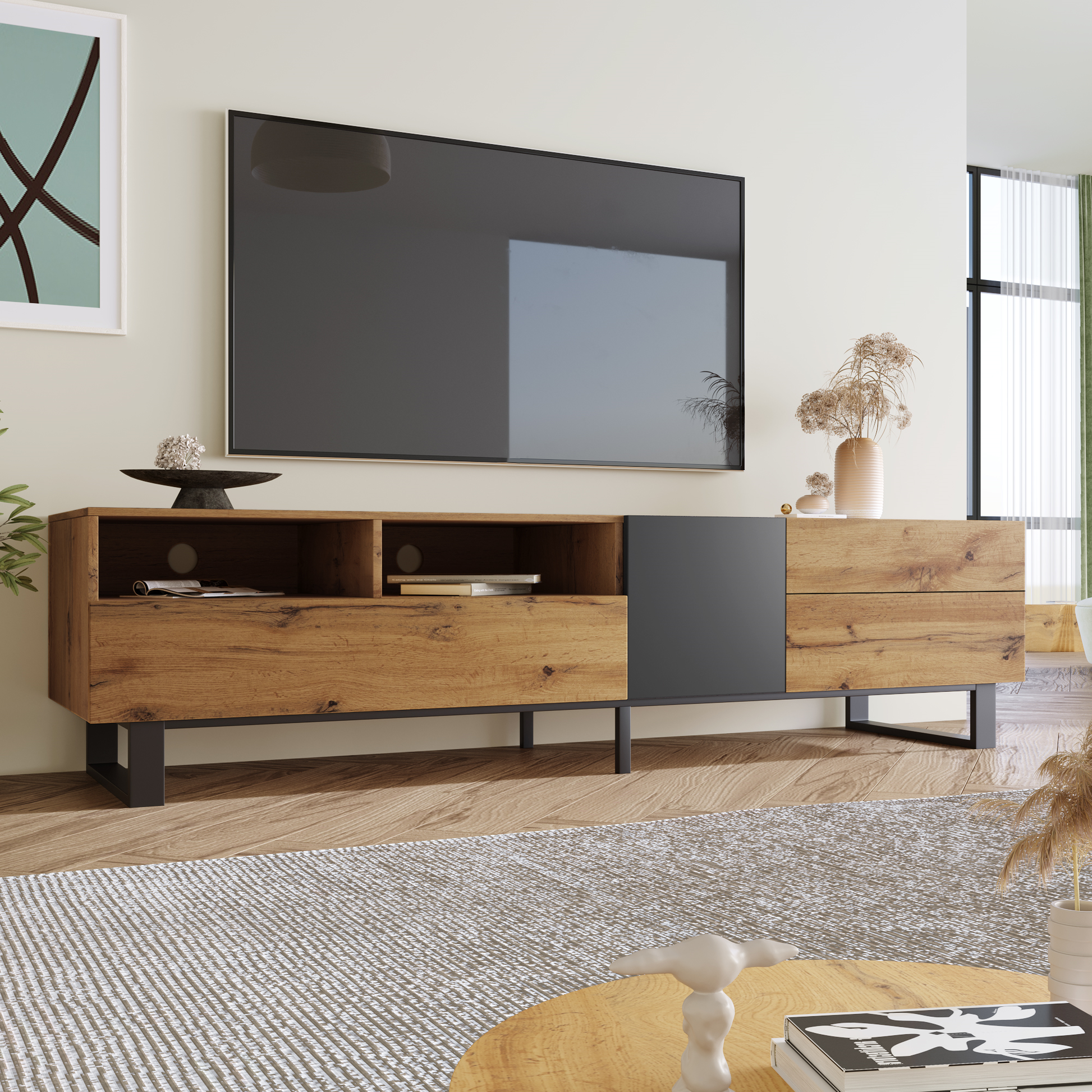 Modern TV Stand for 80'' TV with Double Storage Space - Korvel