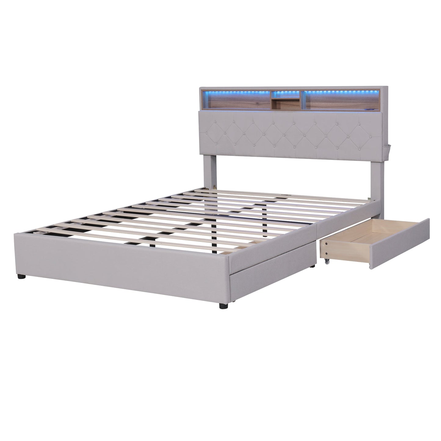 Queen Size Upholstered Platform Bed with Storage Headboard  LED  USB Charging and 2 Drawers  Beige - Korvel