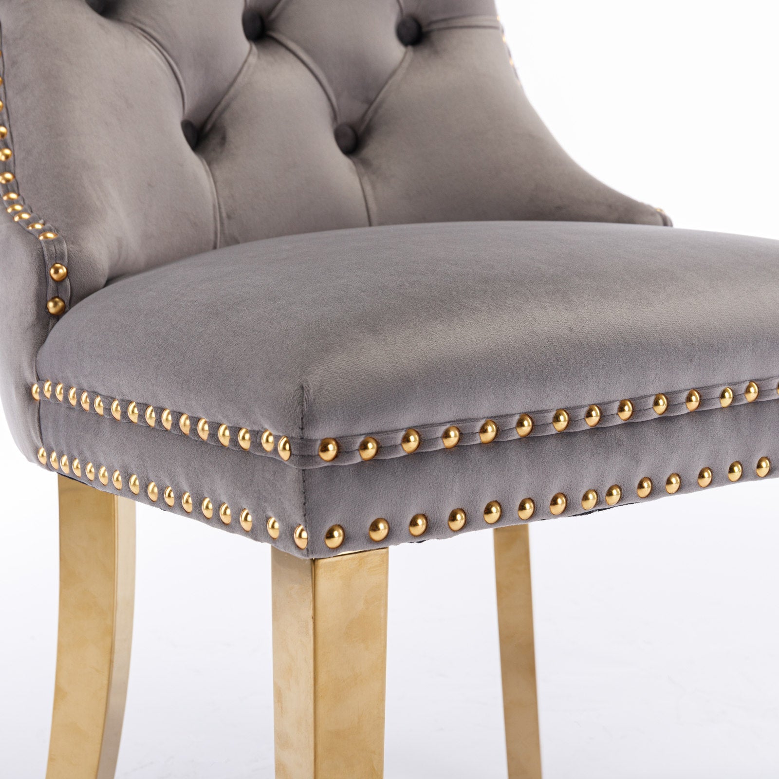 Tufted solid wood velvet cushioned dining chair, gold-plated stainless steel nail leg heads, 2 pieces in gray and gold - Korvel
