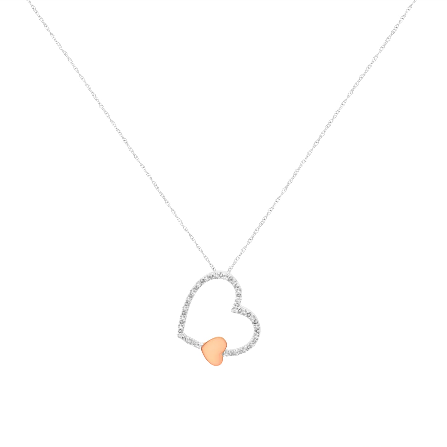 10KT Two Tone Gold Diamond Floating Heart Pendant Necklace