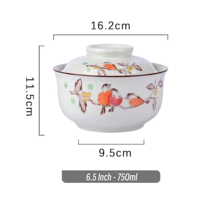 6.5 inch instant noodles bowl with cover bento box student underglaze color ceramic suit Lamian Noodles bowl canteen tableware - Korvel