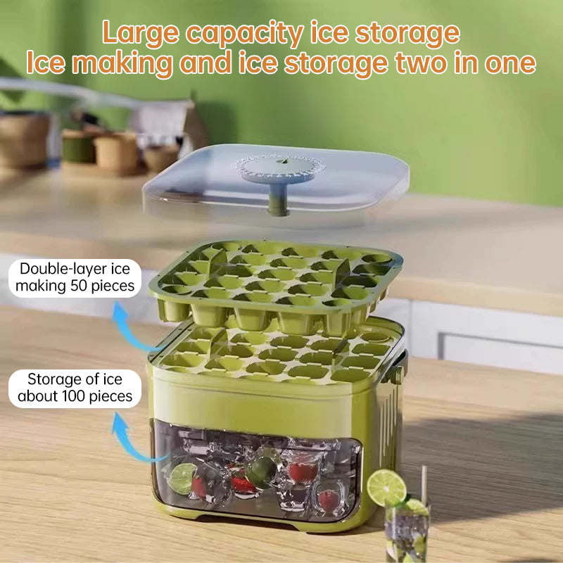 50-grid ice maker with new large capacity - household food-grade plastic double-layer ice storage barrel & ice ball mold set - Korvel