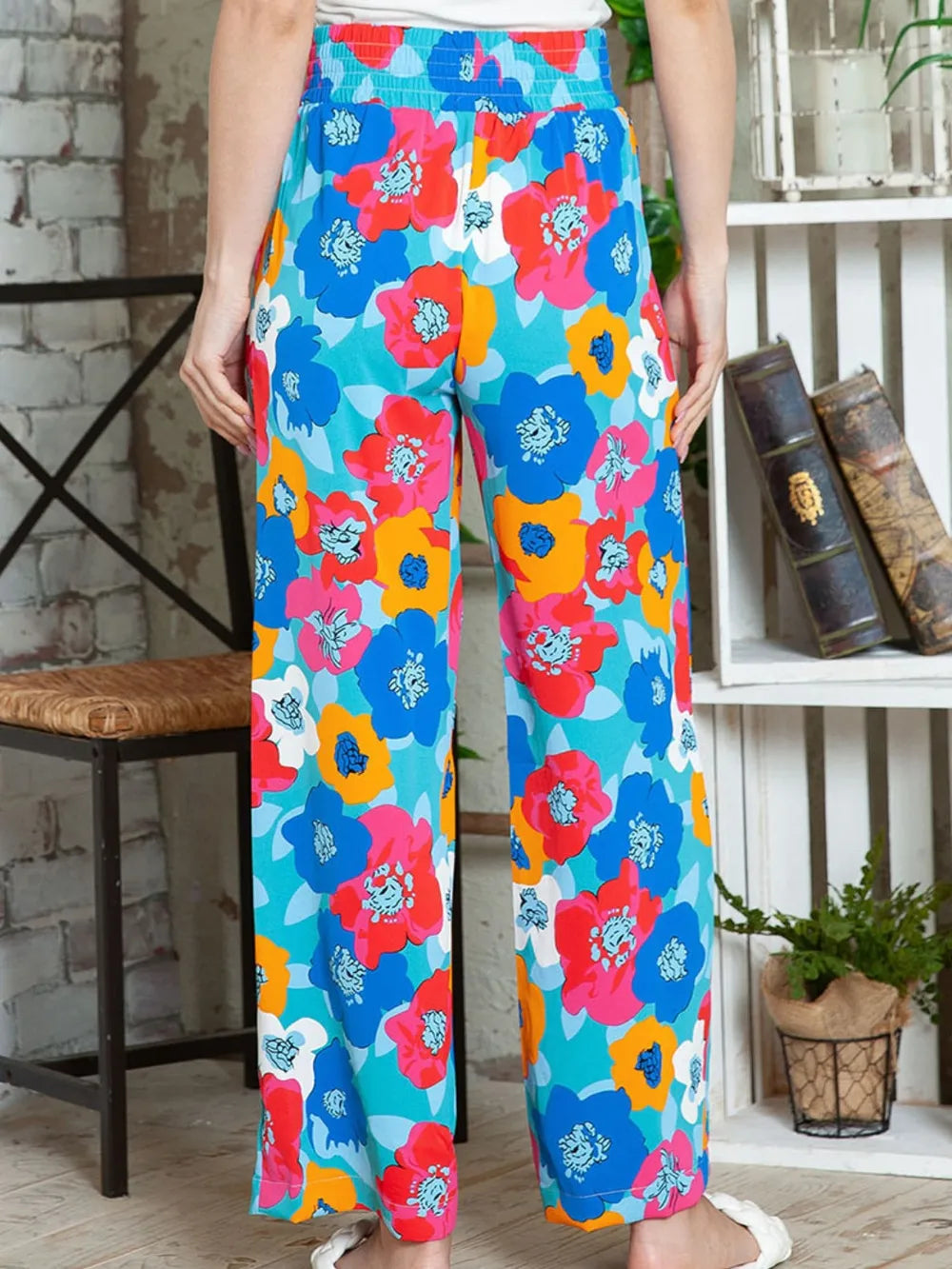 Personalized floral print high waisted straight leg pants for women - Korvel