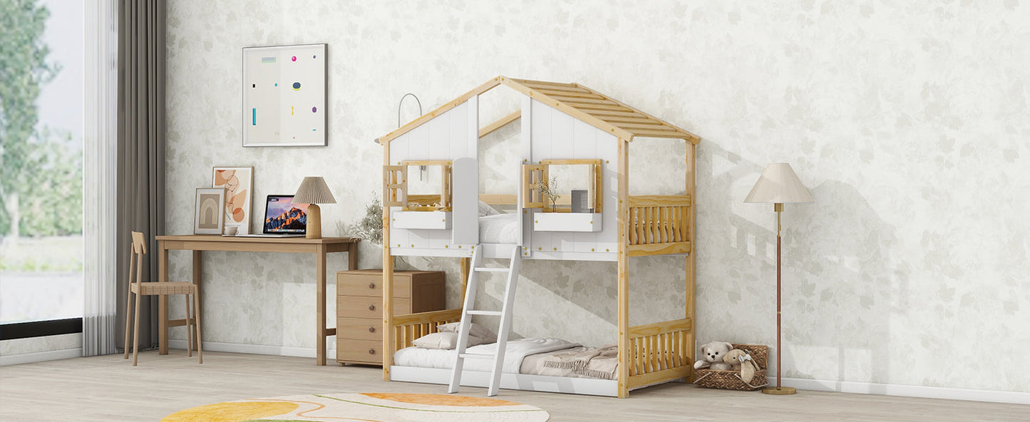 Twin over Twin House Bunk Bed with Roof , Window, Window Box, Door , with Safety Guardrails and Ladder, Natural/White - Korvel