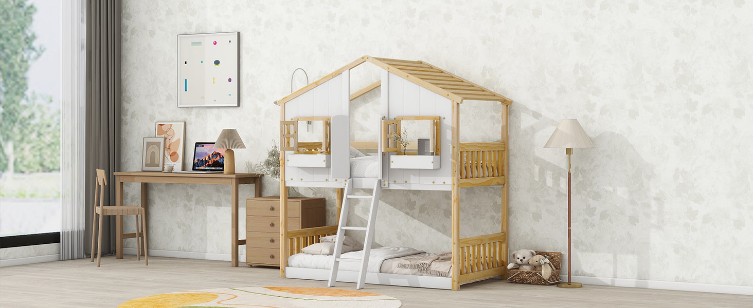 Twin over Twin House Bunk Bed with Roof , Window, Window Box, Door , with Safety Guardrails and Ladder, Natural/White - Korvel