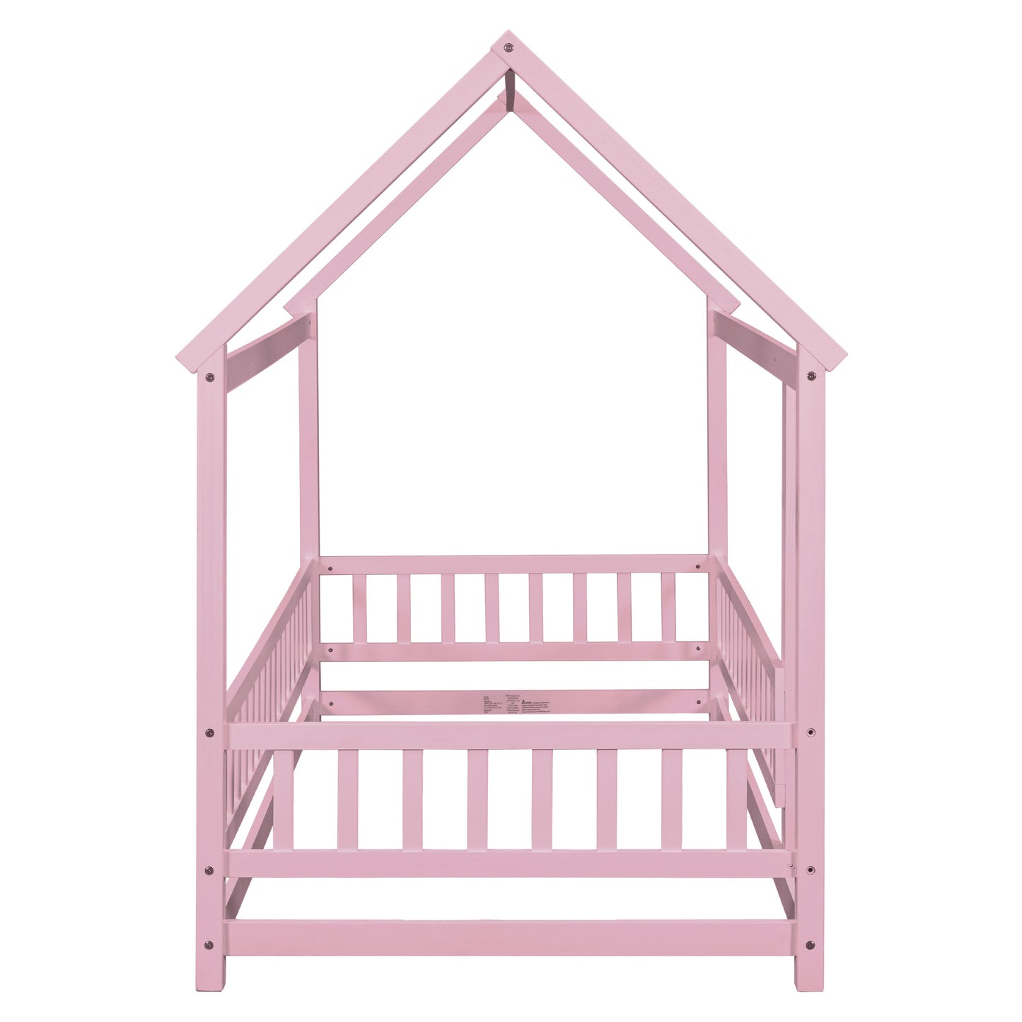 Twin Size Floor Wooden Bed with House Roof Frame, Fence Guardrails,Pink - Korvel