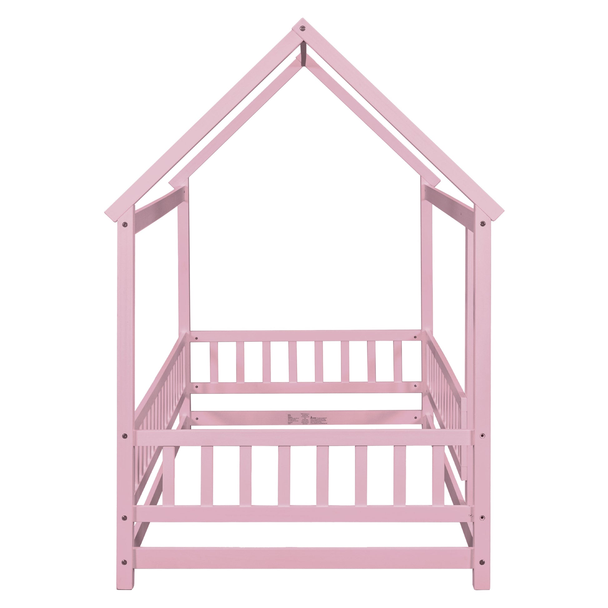 Twin Size Floor Wooden Bed with House Roof Frame, Fence Guardrails,Pink - Korvel