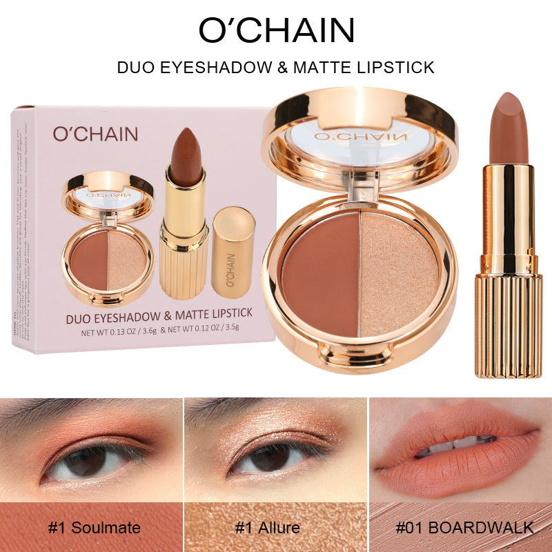 O'CHAINPearlescent two-color eyeshadow matte lipstick does not fade, non-sticky cup powdery delicate eyeshadow palette - Korvel