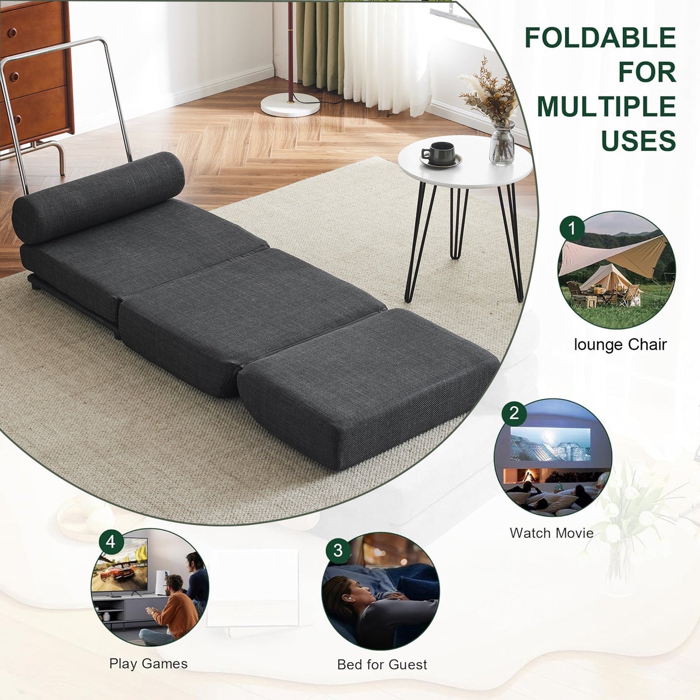 Single Sofa Chair Foldable Single Sofa Bed with Pillow,Portable Foldable Sofa Bed,Leisure Sofa Chair,Easy to Store, Dark Grey - Korvel