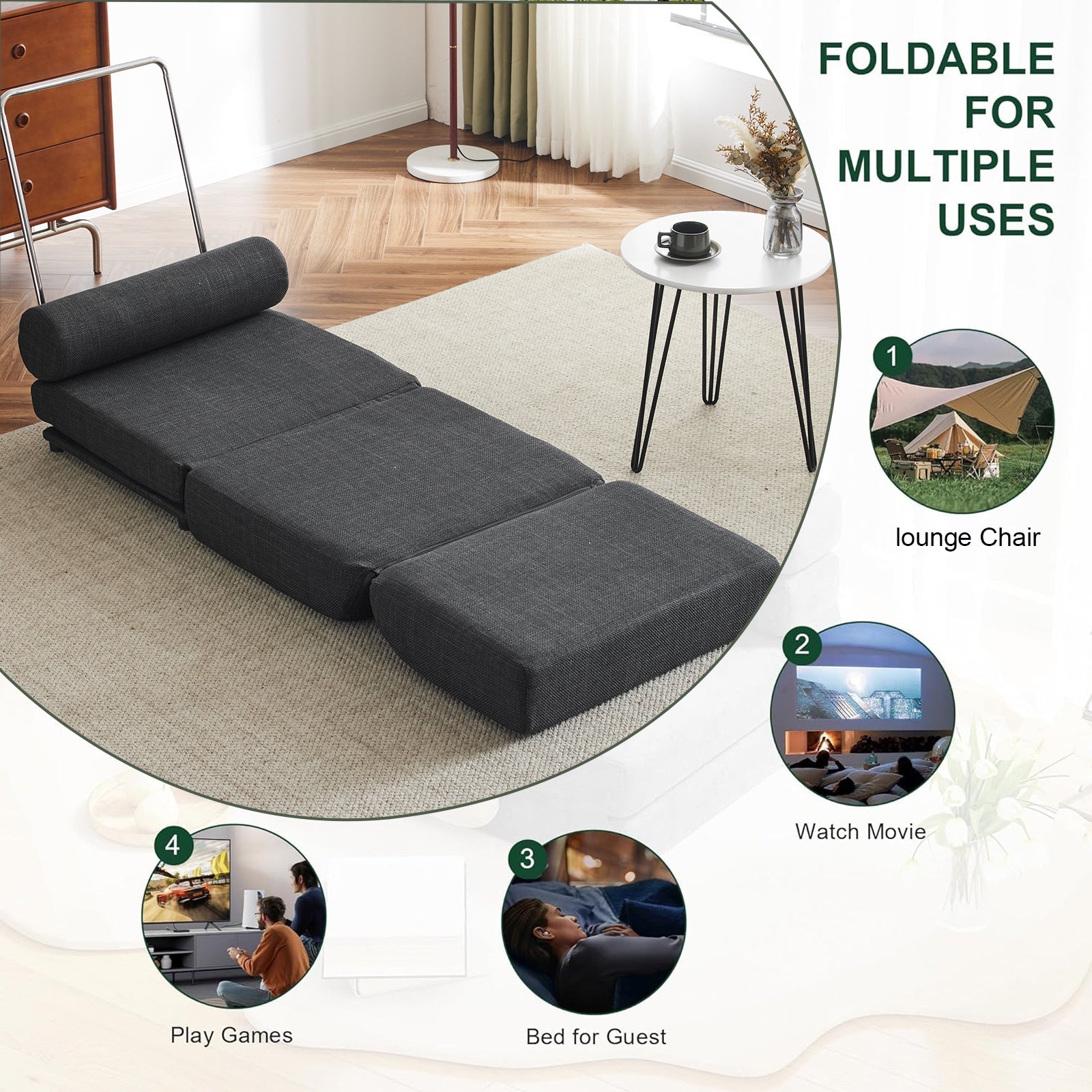 Single Sofa Chair Foldable Single Sofa Bed with Pillow,Portable Foldable Sofa Bed,Leisure Sofa Chair,Easy to Store, Dark Grey - Korvel
