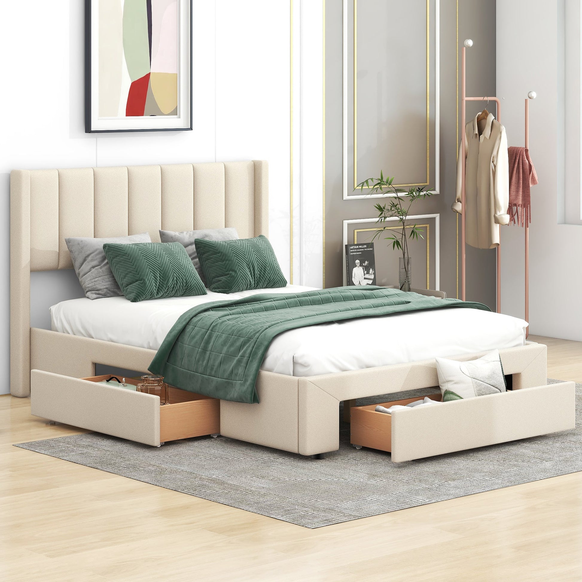 Full Size Upholstered Platform Bed with One Large Drawer in the Footboard and Drawer on Each Side Beige - Korvel