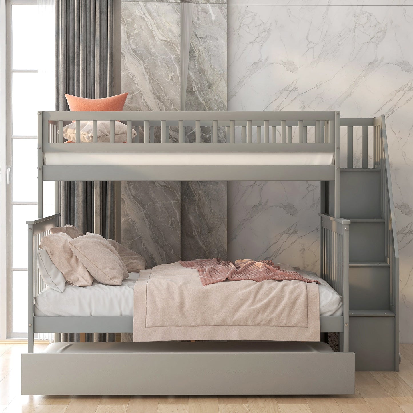 Twin over Full Bunk Bed with Trundle and Staircase Gray - Korvel
