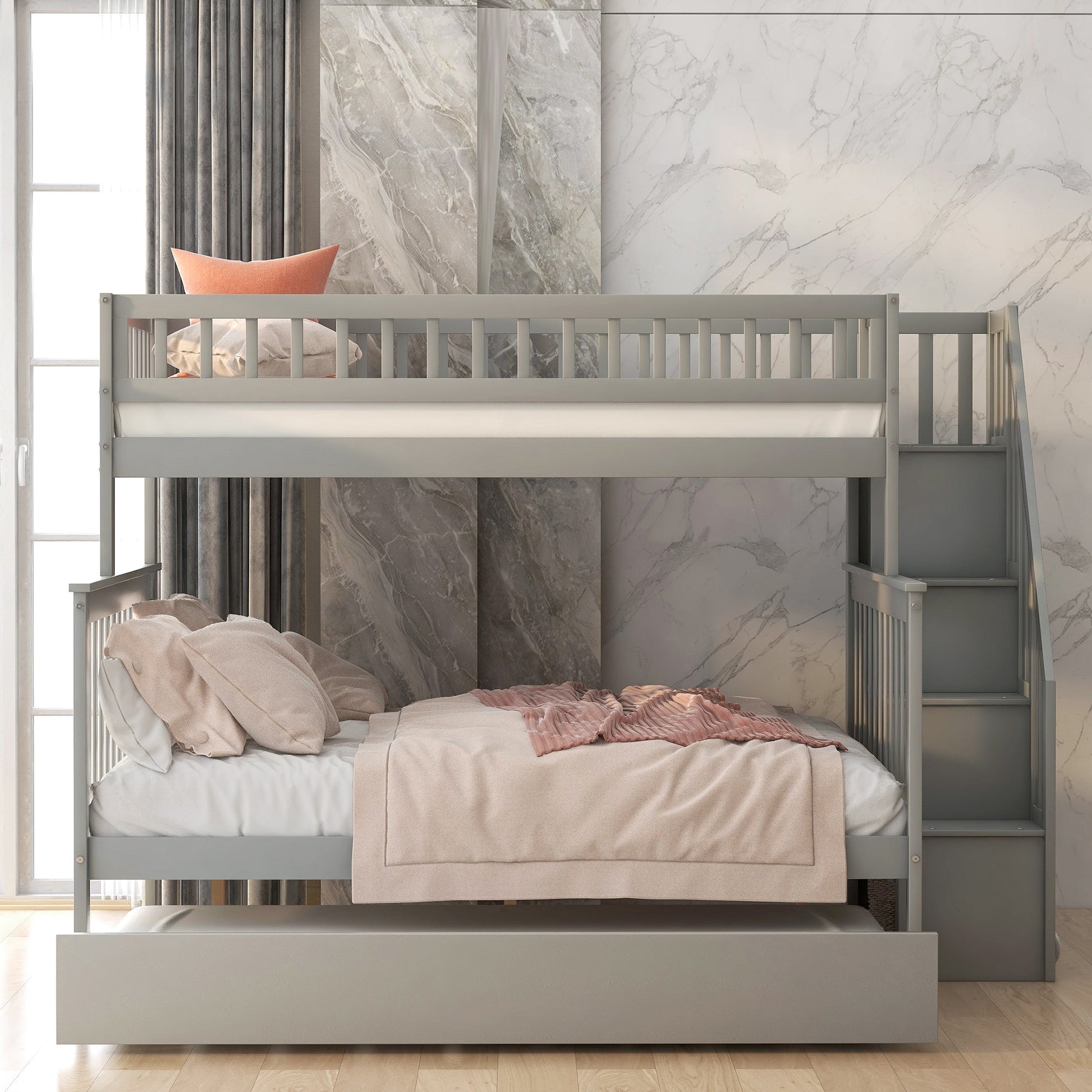 Twin over Full Bunk Bed with Trundle and Staircase Gray - Korvel